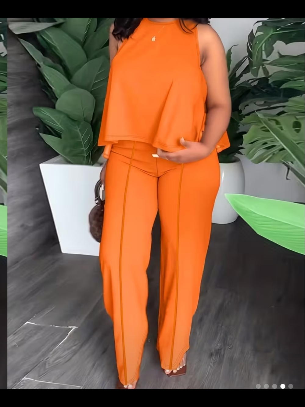 3xl 2 Piece Orange Set High Low Top Wide-Leg Pants with Front Seam Detail